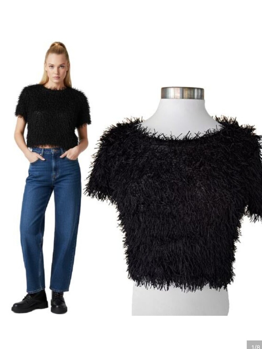 Zara Black Fringe Cropped Short-Sleeve Sweater